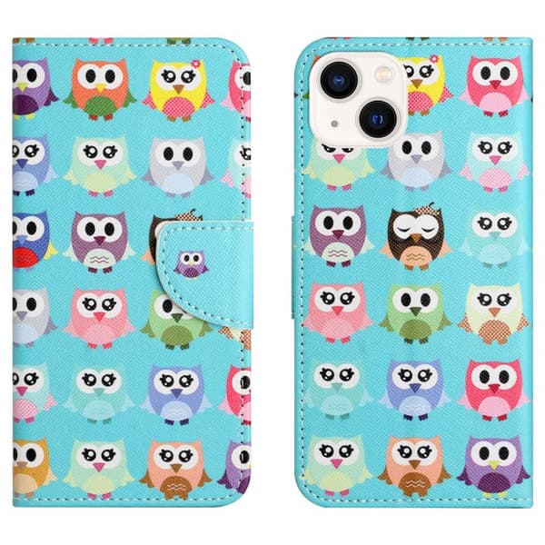 Til iPhone 15 tegnebogstativetui mønstertelefoncover - ugler