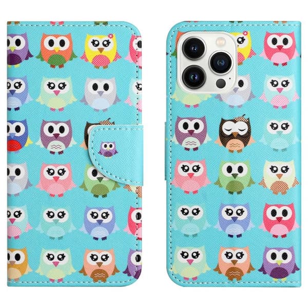 Til iPhone 15 Pro Wallet Stand Case Telefoncover - Ugler