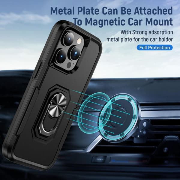 iPhone 15 Pro Max Hybrid skal med Finger Ring & Metall Plåt - Svart