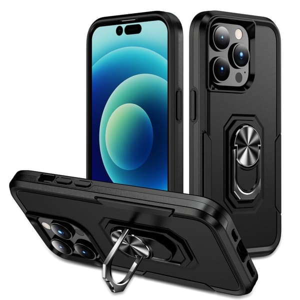 iPhone 15 Pro Max Hybrid skal med Finger Ring & Metall Plåt - Svart