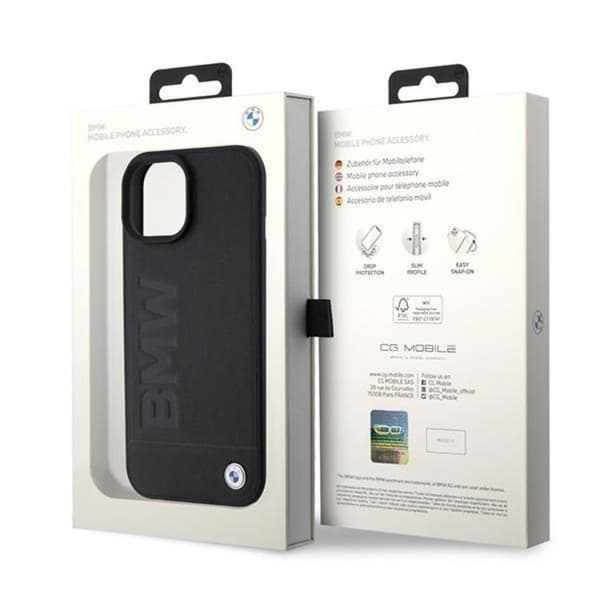 BMW iPhone 15 Skal Magsafe Läder Hot Stamp - Svart