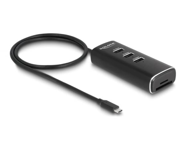 DeLOCK 3 Port USB 10 Gbps Hub inklusive SD- och Micro SD-kortläsare med USB Type-C™-kontakt 60 cm kabel och switch för varje port, USB 3.2 Gen 1 (3.1