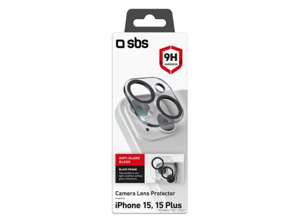 SBS TECAMGLIP15K, Linssisuoja, Musta, Läpinäkyvä, Karkaistu lasi, Apple, iPhone 15, iPhone 15 Plus, 15 g