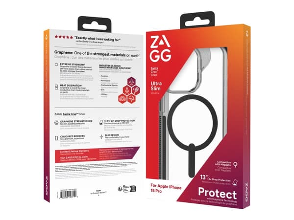 ZAGG Cases Santa Cruz Snap Apple iPhone 15 Pro Black EN/FR, Suojus, Apple, iPhone 15 Pro, 15,5 cm (6.1"), Läpinäkyvä