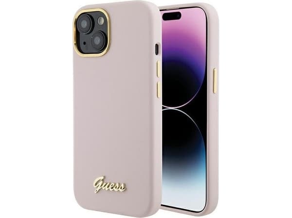 Guess GUHCP15SSMBSLP iPhone 15 6.1" rosa/rosa hardcase Silikonskrift metalllogo og ramme