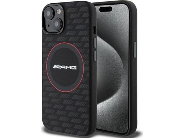 Mercedes Benz Apple iPhone 15 Mercedes AMG dėklas odinis Debossed Lines (AMHCP15SGSEBK) juodos spalvos