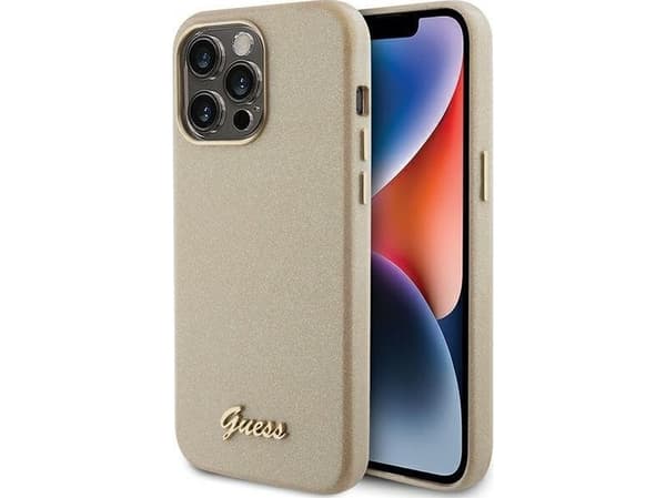 Guess Kotelo iPhone 15 Pro 6.1" GUHCP15LPGMCSD Kultainen kova kotelo Glitter kiiltävä kirjoitus
