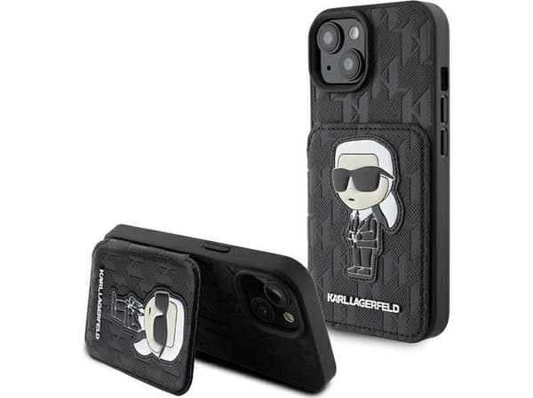 Karl Lagerfeld Kotelo iPhone 15 6,1" KLHCP15SSAKKNSCK Musta Kova kotelo Saffiano korttipaikat ja jalusta Monogram Ikonik Patch
