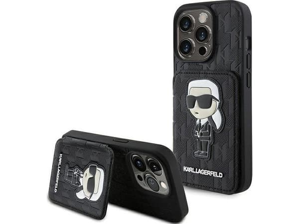 Karl Lagerfeld Deksel for iPhone 15 Pro 6.1" KLHCP15LSAKNKNSCK Svart Hard Deksel Saffiano kortspor og stativ Monogram Ikonik Patch