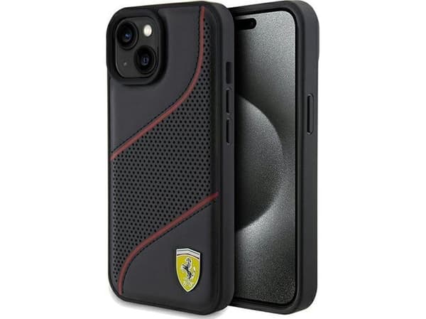 iPhone 15 / 14 / 13 - Musta Ferrari metallikotelo, jossa on rei'itetyt aallot ja logo