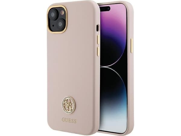 Guess GUHCP15SM4DGPP iPhone 15 / 14 / 13 6.1" ljusrosa/pink skal Silikon Logotyp Strass 4G
