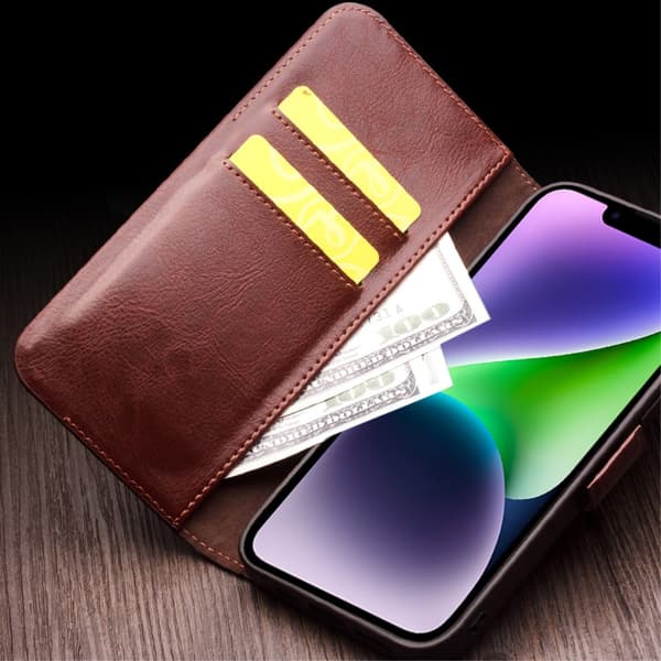 Qialino Leather Wallet Case iPhone 14 Cognac