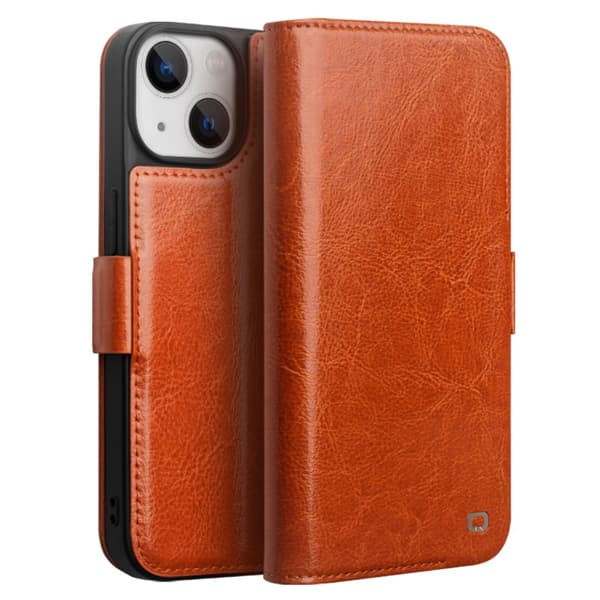 Qialino Leather Wallet Case iPhone 14 Cognac