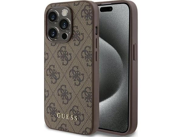 Guess GUHCP15LG4GFBR iPhone 15 Pro 6.1" brown hard case 4G Metal Gold Logo