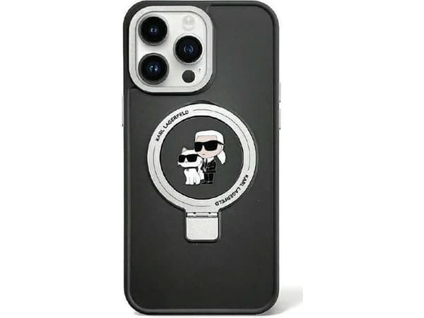 Kotelo Karl Lagerfeld KLHMP15SHMRSKCK iPhone 15 6.1" musta/musta kova kotelo rengas jalusta Karl&amp;Choupette MagSafe