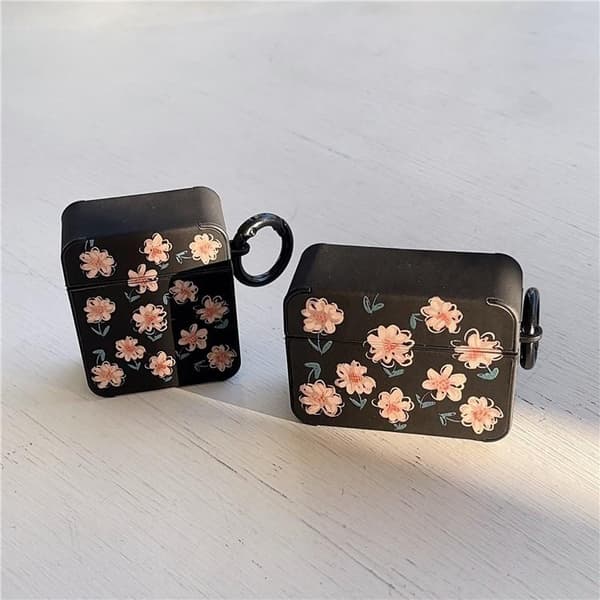 Airpods 1/2 Skal TPU Läder Floral - Svart/Rosa