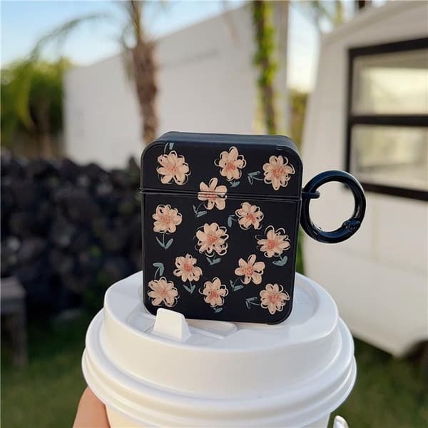 Airpods 1/2 Skal TPU Läder Floral - Svart/Rosa