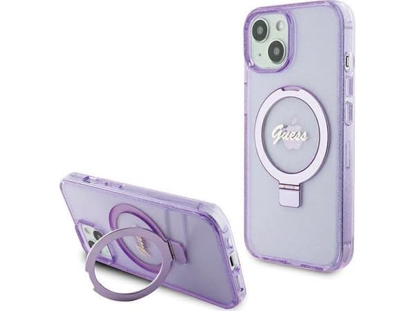 Originalt frontpaneldeksel GUESS GUHMP15SHRSGSU for iPhone 15 (Magsafe / Glitter Script Logo / Ringstativ / Lilla)