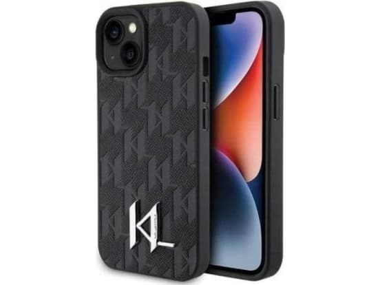 Apple iPhone 15 Karl Lagerfeld dėklas odinis Monogram Hot Stamp Metal Logo (KLHCP15SPKLPKLK) juodos spalvos