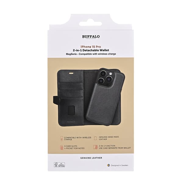 Buffalo Wallet 2-i-1 3 Kort MagSeries Sort - iPhone 15 Pro