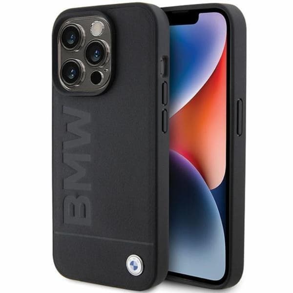BMW iPhone 15 Pro Mobilskal Läder Hot Stamp - Svart