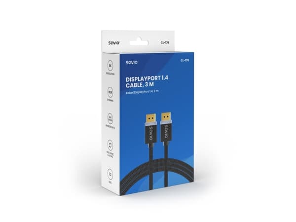 Savio CL-176, 3 m, DisplayPort, DisplayPort, Hankjønn, Hankjønn, 7680 x 4320 piksler
