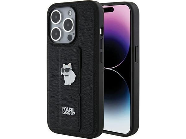 Karl Lagerfeld Gripstand Saffiano Choupette Pins dėklas iPhone 15 Pro - juodas