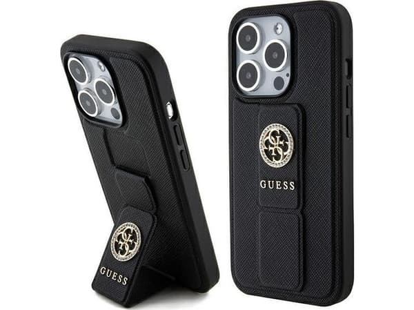 Guess-deksel til iPhone 15 Pro 6.1" GUHCP15LPGSSADK svart HC GRIPSTAND SAFFIANO 4G STRASS
