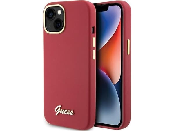 Guess GUHCP15SSMBSLM iPhone 15 / 14 / 13 6.1" magenta hardcase Silikonskrift metalllogo og ramme
