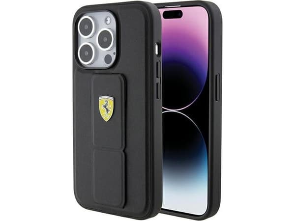 Ferrari Ferrari Grip-stativ metalllogo - iPhone 15 Pro Max-deksel (svart)