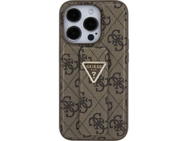 Apple iPhone 15 Guess Hardcase Grip Stand 4G Triangle Strass (GUHCP15SPGS4TDW) telefono dėklas rudos spalvos