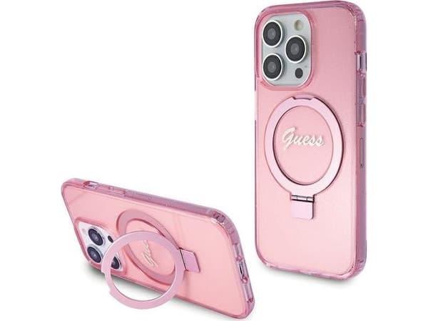 Originalt GUESS GUHMP15LHRSGSP frontpaneldeksel til iPhone 15 Pro (Magsafe / Glitter Script-logo / Ringstativ / Rosa)