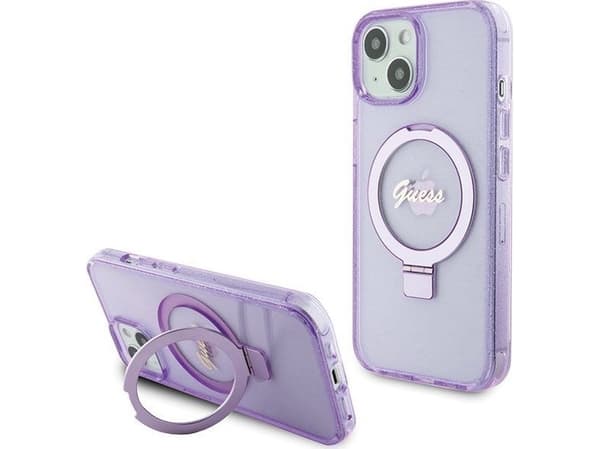 Äkta GUESS GUHMP15MHRSGSU Fodral för iPhone 15 Plus (Magsafe / Glitter Script Logo / Ring Stand / Lila)