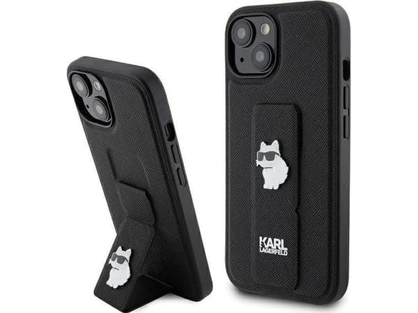 Apple iPhone 15 Plus Karl Lagerfeld Fodral Gripstand Saffiano Choupette Pins (KLHCP15MGSACHPK) svart