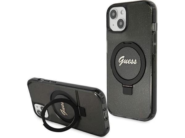 Aito GUESS GUHMP15SHRSGSK Etupaneeli Kotelo iPhone 15 (Magsafe / Glitter Script Logo / Ring Stand / Musta)