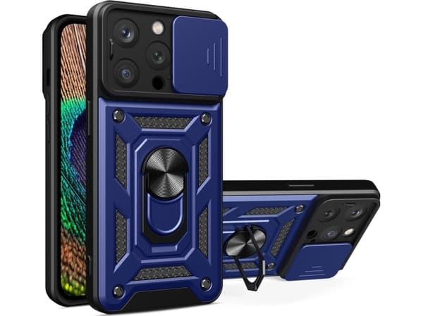 Panssaroitu kotelo jalustalla ja kamerasuojalla iPhone 15 Pro Hybrid Armor Camshield - sininen
