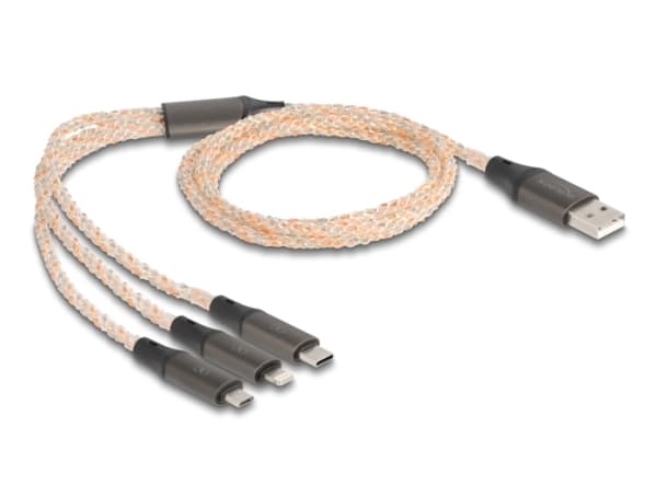 Delock 3 in 1 - Dedikerad laddningskabel - USB hane till mikro-USB typ B, Lightning, 24 pin USB-C hane - 1.2 m - transparent / kopparfärgad - RGB-bel