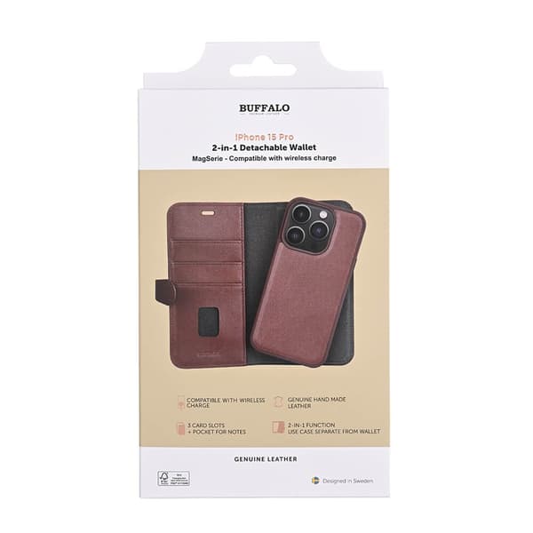 Buffalo Mobildeksel 2-i-1 3 Kort MagSeries Brun - iPhone 15 Pro