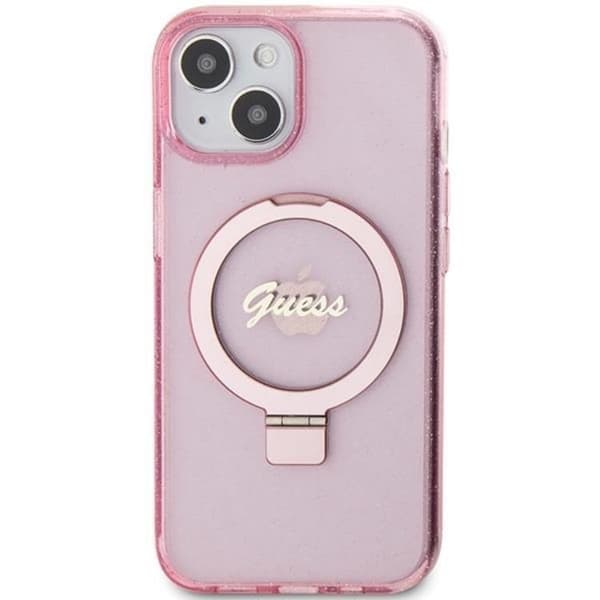 Guess iPhone 15/14 Plus Mobilskal Magsafe Ringställ Script Glitter - Rosa
