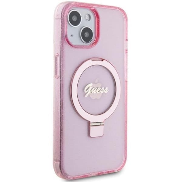 Guess iPhone 15/14 Plus Mobilskal Magsafe Ringställ Script Glitter - Rosa