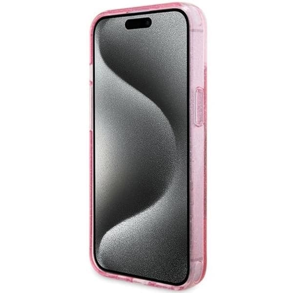 Guess iPhone 15/14 Plus Mobilskal Magsafe Ringställ Script Glitter - Rosa