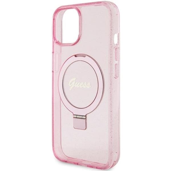 Guess iPhone 15/14 Plus Mobilskal Magsafe Ringställ Script Glitter - Rosa