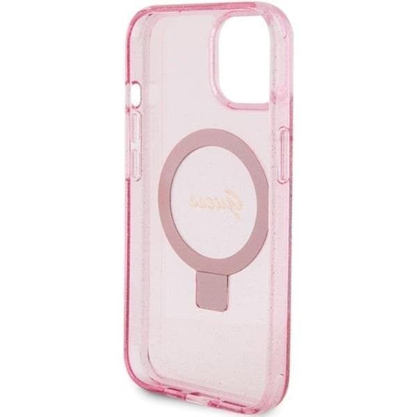 Guess iPhone 15/14 Plus Mobilskal Magsafe Ringställ Script Glitter - Rosa