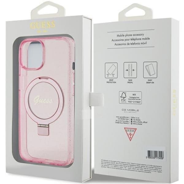 Guess iPhone 15/14 Plus Mobilskal Magsafe Ringställ Script Glitter - Rosa
