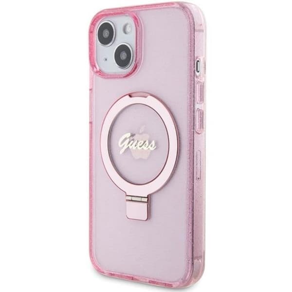 Guess iPhone 15/14 Plus Mobilskal Magsafe Ringställ Script Glitter - Rosa