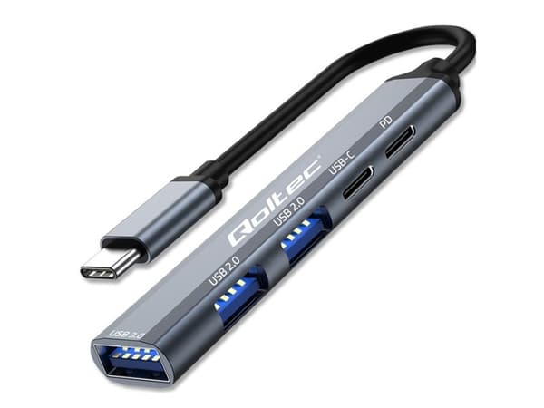 Qoltec - Hubb - 1 x USB-C (Power Delivery) + 1 x USB-C + 2 x USB 2.0 + 1 x SuperSpeed USB - skrivbordsmodell