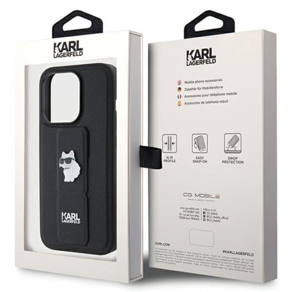 Karl Lagerfeld iPhone 14 Pro Max Mobilskal Gripstand Saffiano Choupette Pins