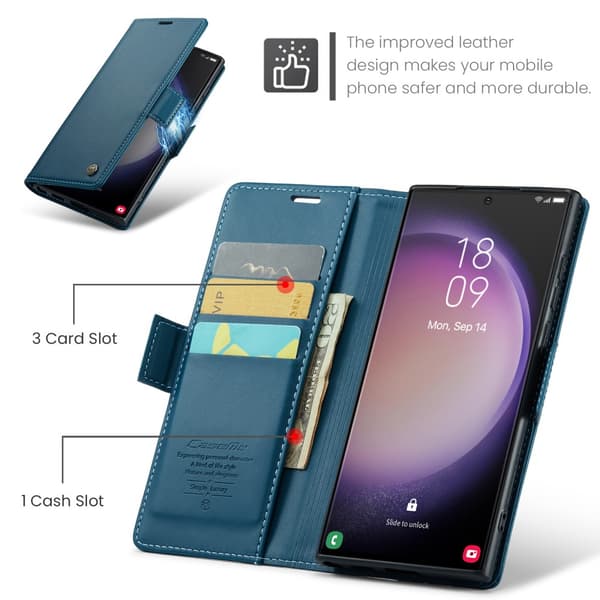 CaseMe Slim Plånboksfodral RFID-skydd Samsung Galaxy S24 Ultra Blå