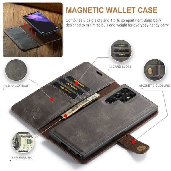 DG.MING 2-in-1 Magnet Wallet Samsung Galaxy S24 Ultra Brown