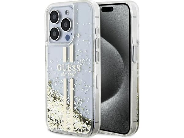 Originalt frontpaneldeksel GUESS GUHCP15LLFCSEGT for iPhone 15 Pro (flytende glanset gullstriper/klar)
